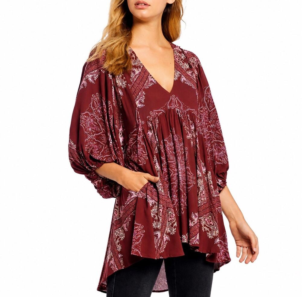 Free People Boho Paisley Tunic Babydoll Mini Dress Maroon Long Sleeve V-Neck XS